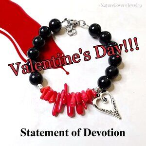 Love Hearts? Sexy Girl or Lovers Gift! Genuine Black Jasper + Coral Bracelet!